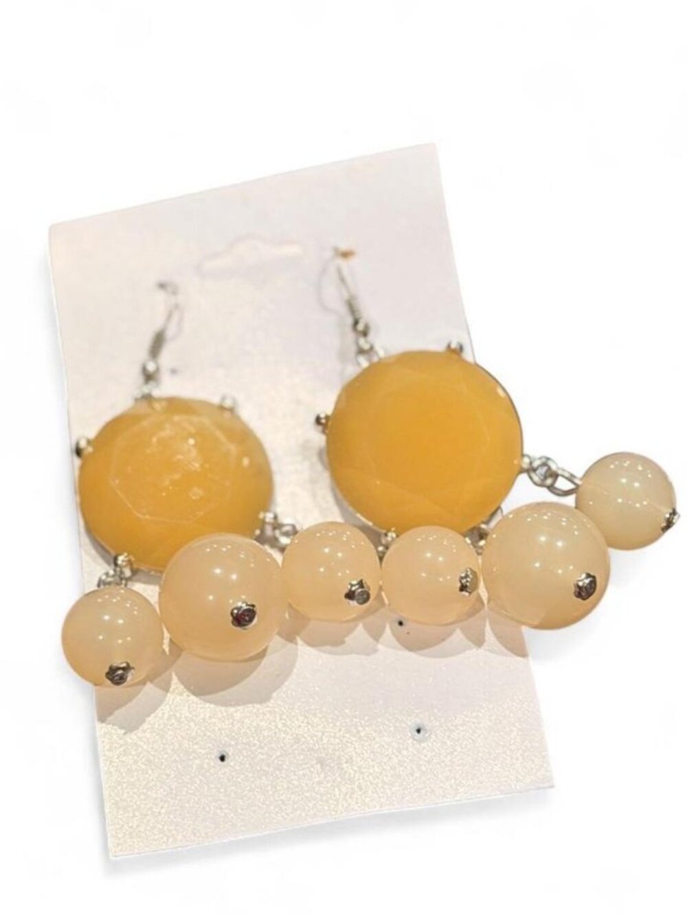 Tan & Cream Beaded Statement Earrings with Silver Accents